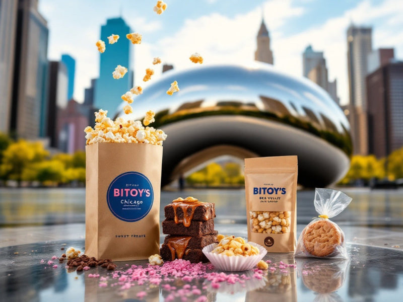 Gourmet caramel popcorn drizzled with rich chocolate, handcrafted by Bitoy's in Chicago